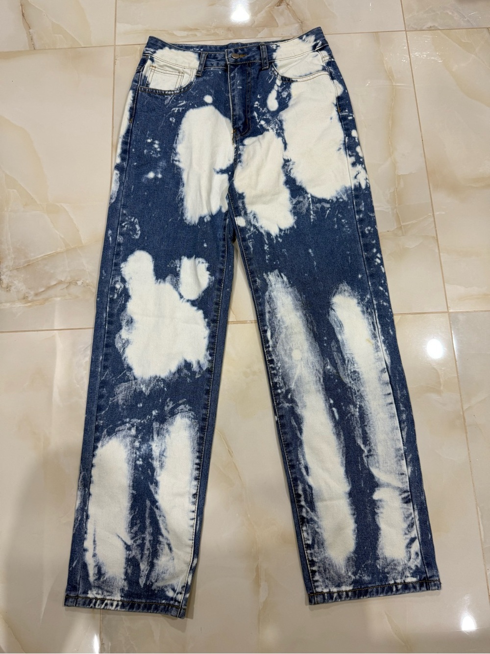 SHEIN Navy Blue and White Bleach-Effect Straight Jeans